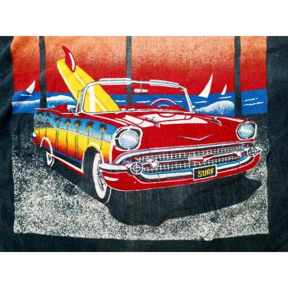 Vintage Beach Towel Surf Palm Trees Ocean Classic Car Chevy Bel Air Seven Seas - Picture 2 of 10